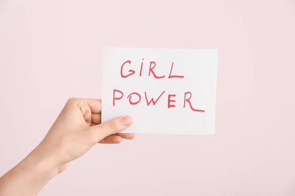 Female Hand Holding Paper Sheet Text Girl Power Color Background — Stock Photo, Image