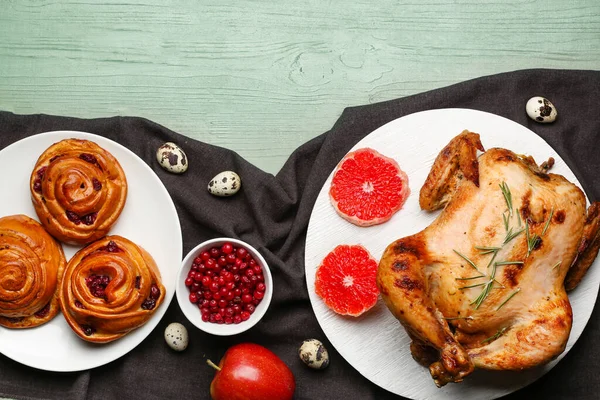 Tasty Baked Turkey Different Food Thanksgiving Day Wooden Table — Stock Photo, Image