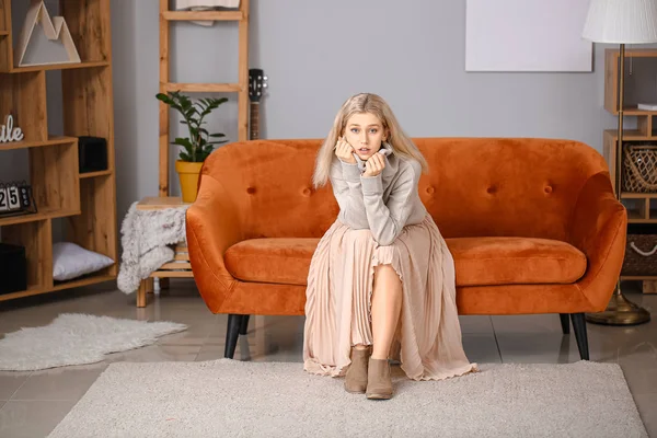 Beautiful Young Woman Warm Sweater Sitting Sofa Home — Stock Photo, Image