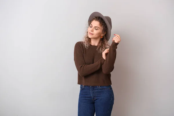 Beautiful Young Woman Warm Sweater Light Background — Stock Photo, Image