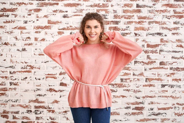 Beautiful Young Woman Warm Sweater Brick Background — Stock Photo, Image