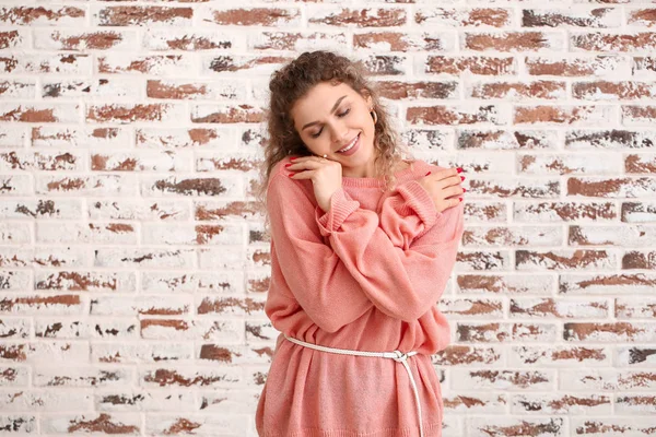 Beautiful Young Woman Warm Sweater Brick Background — Stock Photo, Image