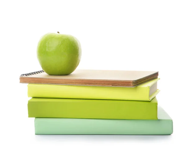 Schulbücher Und Apfel Auf Weißem Hintergrund — Stockfoto