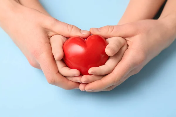 Hands Woman Child Red Heart Color Background Cardiology Concept — Stock Photo, Image