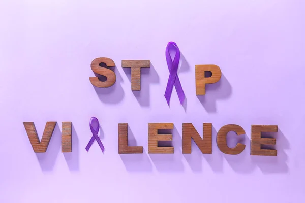 Violet Ribbons Text Domestic Violence Color Background — Stock Photo, Image