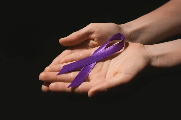 Female Hands Violet Ribbon Dark Background Domestic Violence Concept — Stock Photo, Image
