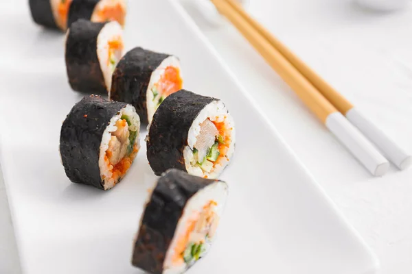 Plate Tasty Sushi Rolls Table — Stock Photo, Image