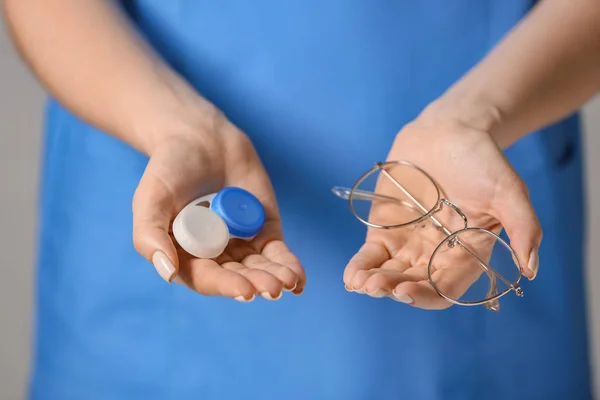 Woman Holding Container Contact Lenses Glasses Closeup — Stock Photo, Image