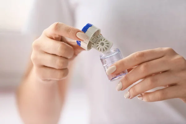 Woman Holding Container Contact Lenses Closeup — Stock Photo, Image