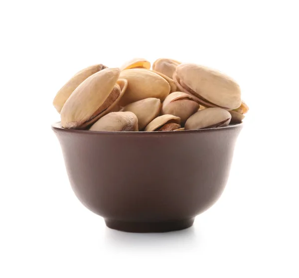 Bowl Tasty Pistachio Nuts White Background — Stock Photo, Image