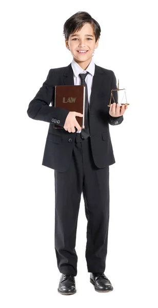 Petit Avocat Avec Des Échelles Justice Livre Sur Fond Blanc — Photo