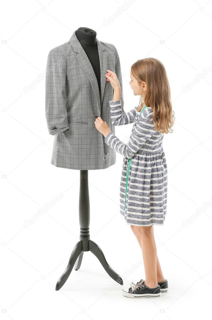 Cute little tailor with mannequin on white background