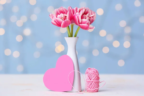 Vase Beautiful Flowers Heart Table — Stock Photo, Image