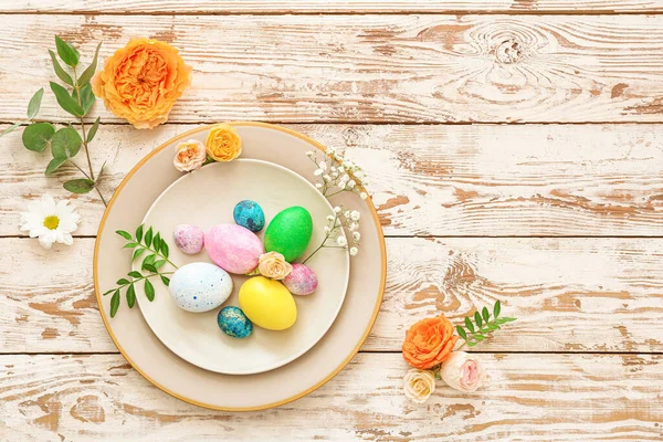 Beautiful Easter Table Setting Wooden Background — Stock Photo, Image