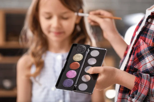 Cute Little Girl Applying Makeup Her Friend Face Home — Stock Photo, Image