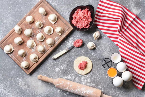 Making Tasty Dumplings Grey Background — Stock Photo, Image