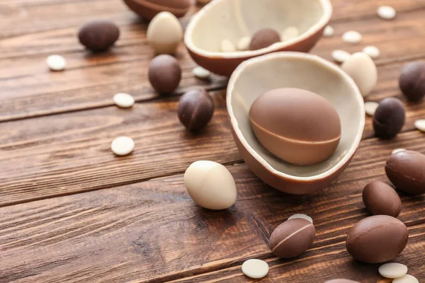 Sweet Chocolate Easter Eggs Wooden Background — Stock Photo, Image