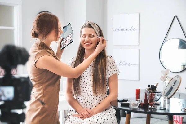 Young Beauty Blogger Model Recording Video Home — Stock Photo, Image