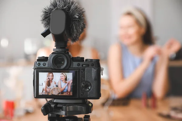 Young Beauty Bloggers Recording Video Home — Stock Photo, Image