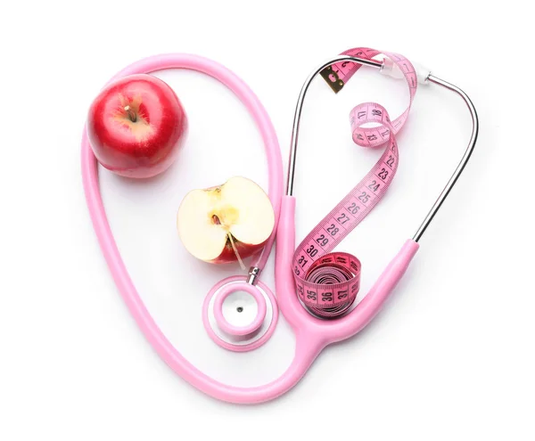 Fresh Apple Measuring Tape Stethoscope White Background — Stock Photo, Image