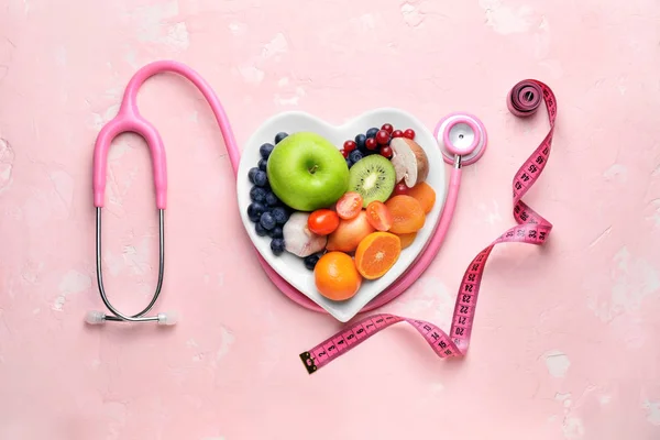 Plate Healthy Products Stethoscope Measuring Tape Color Background — Stock Photo, Image