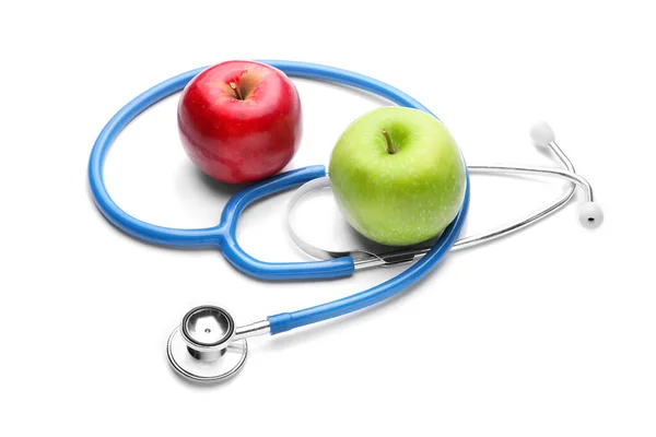 Fresh Apples Stethoscope White Background — Stock Photo, Image