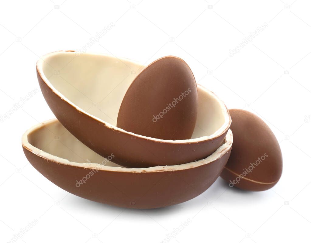 Sweet chocolate Easter eggs on white background