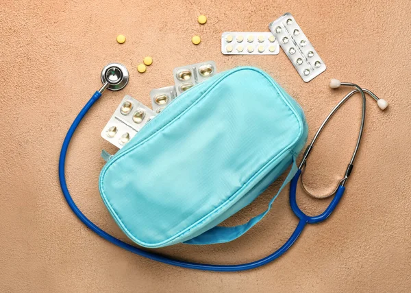 Stethoscope Bag Pills Color Background — Stock Photo, Image