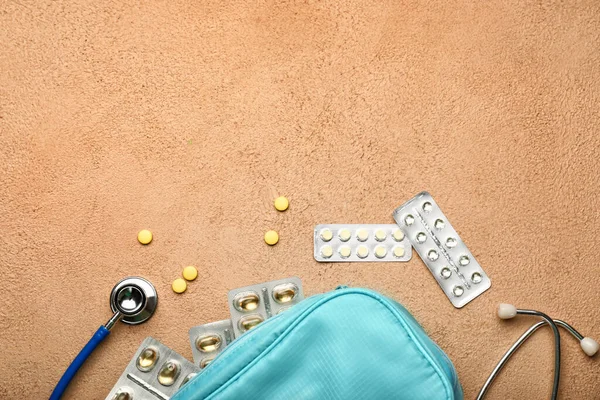 Stethoscope Bag Pills Color Background — Stock Photo, Image