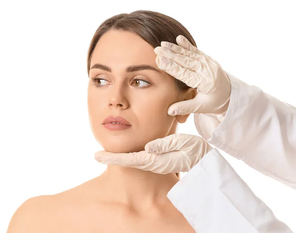 Plastic Surgeon Touching Face Young Woman White Background — Stock Photo, Image