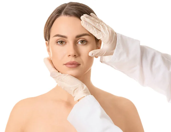 Plastic Surgeon Touching Face Young Woman White Background — Stock Photo, Image