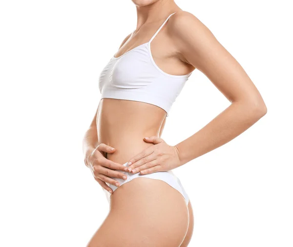 Mujer Joven Ropa Interior Sobre Fondo Blanco Concepto Cirugía Plástica — Foto de Stock