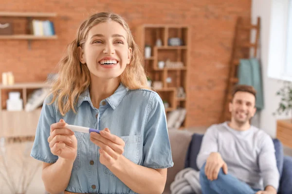 Happy Young Couple Pregnancy Test Home — Stock Photo, Image