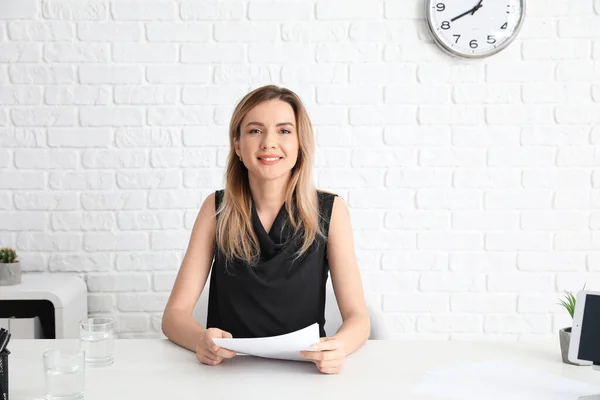 Young woman during job interview in office