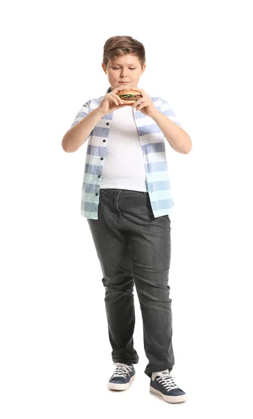 Overgewicht Jongen Met Hamburger Witte Achtergrond — Stockfoto