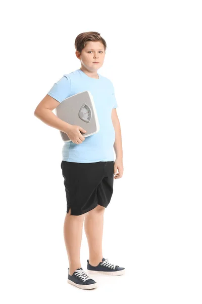 Overweight Boy Scales White Background — Stock Photo, Image