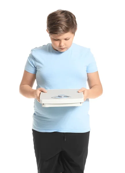Overweight Boy Scales White Background — Stock Photo, Image