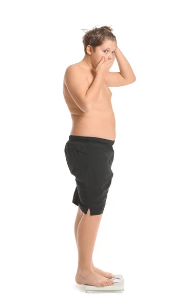 Overweight Boy Standing Scales White Background — Stock Photo, Image
