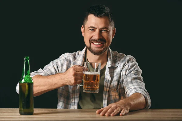 Mature Man Drinking Beer Table — 스톡 사진