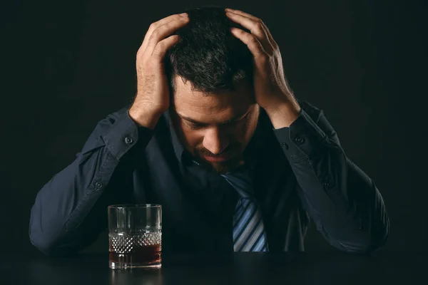 Mature Man Drinking Alcohol Dark Background — Stock Photo, Image