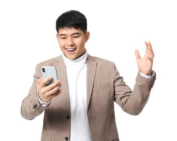 Jovem Empresário Asiático Com Telefone Celular Fundo Branco — Fotografia de Stock