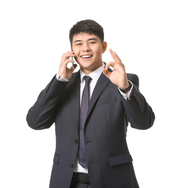 Young Asian Businessman Talking Phone White Background — Stock Photo, Image