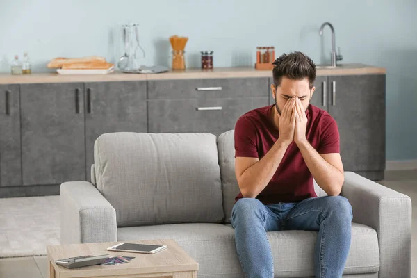 Portrait Worried Young Man Home — Stock Photo, Image