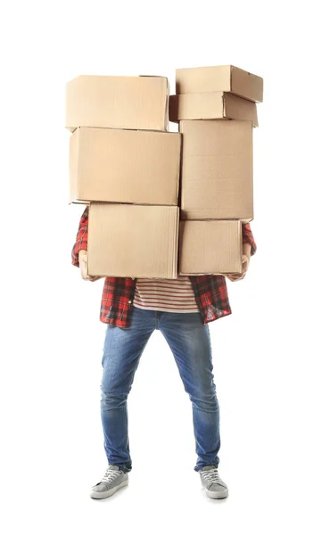 Hombre Asiático Con Cajas Móviles Sobre Fondo Blanco —  Fotos de Stock