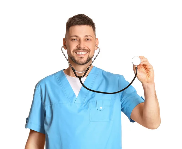 Cardiologista Masculino Sobre Fundo Branco — Fotografia de Stock