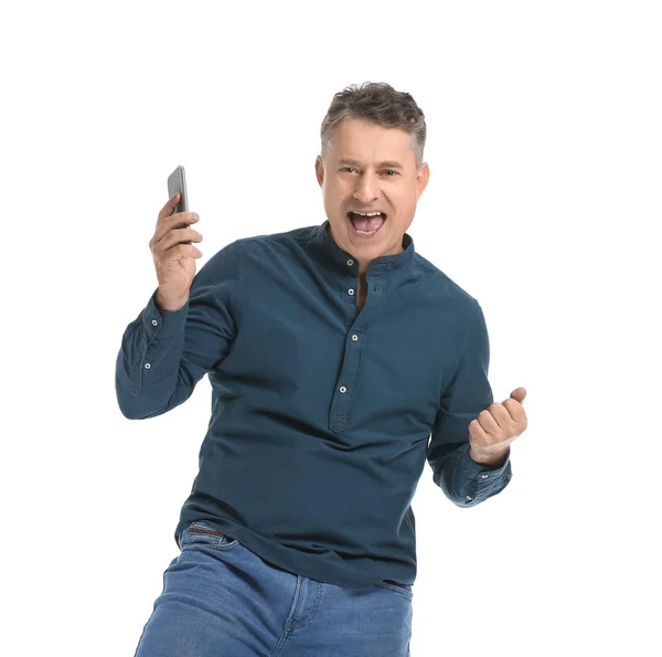 Happy Volwassen Man Met Mobiele Telefoon Witte Achtergrond — Stockfoto