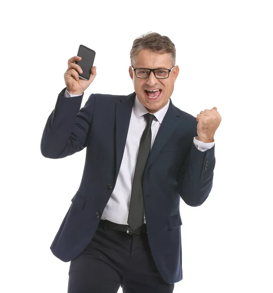 Glücklicher Geschäftsmann Mit Handy Auf Weißem Hintergrund — Stockfoto