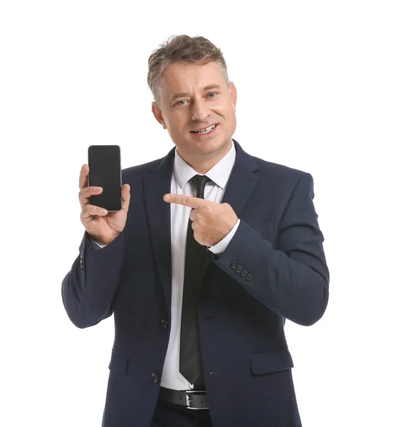 Ältere Geschäftsmann Mit Handy Auf Weißem Hintergrund — Stockfoto