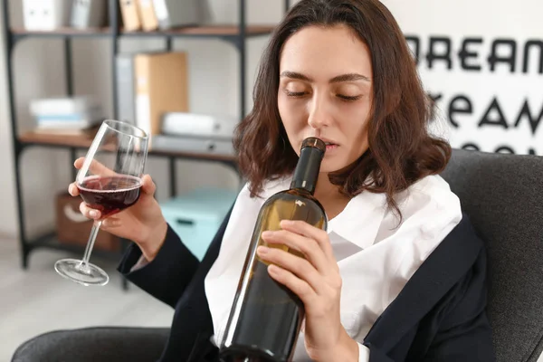 Woman Drinking Wine Home Concept Alcoholism — Stock Photo, Image