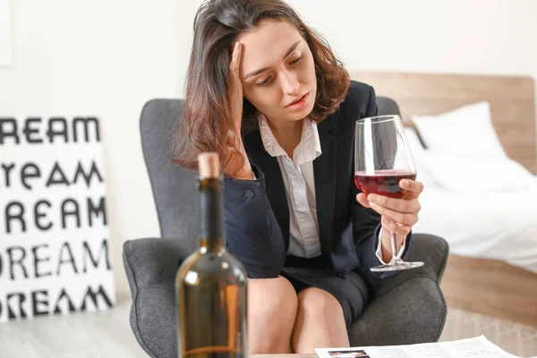 Woman Drinking Wine Home Concept Alcoholism — Stock Photo, Image